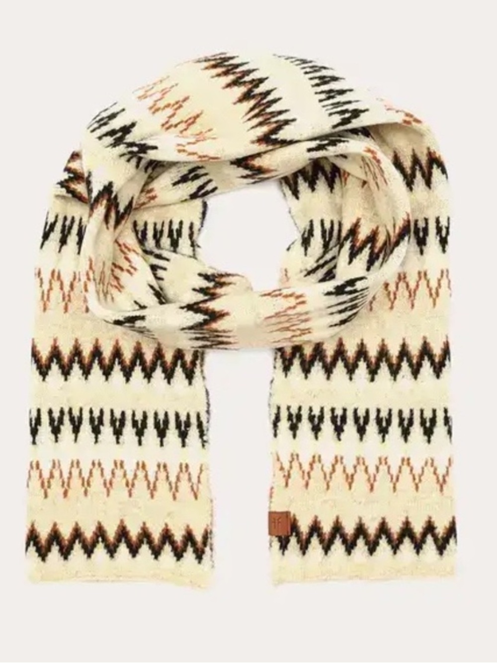 NEW Frye Scarf Ivory Knit with Southwestern Black and Brown Zigzag Pattern Cozy